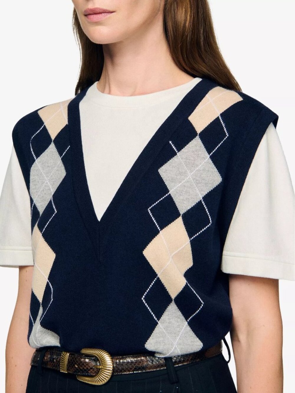 Sandro Eurie Argyle Layered Jumper Sweater Top in Blue 2 Womens Cashmere